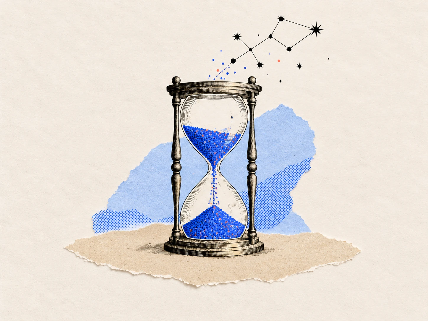 An engraved hourglass filled with cobalt paper grains, with a constellation rising above it