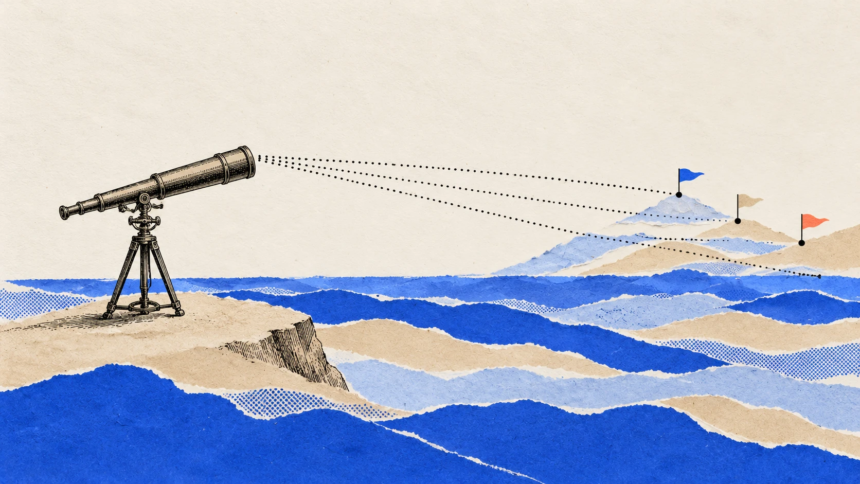 An engraved telescope looking toward three flagged landing points