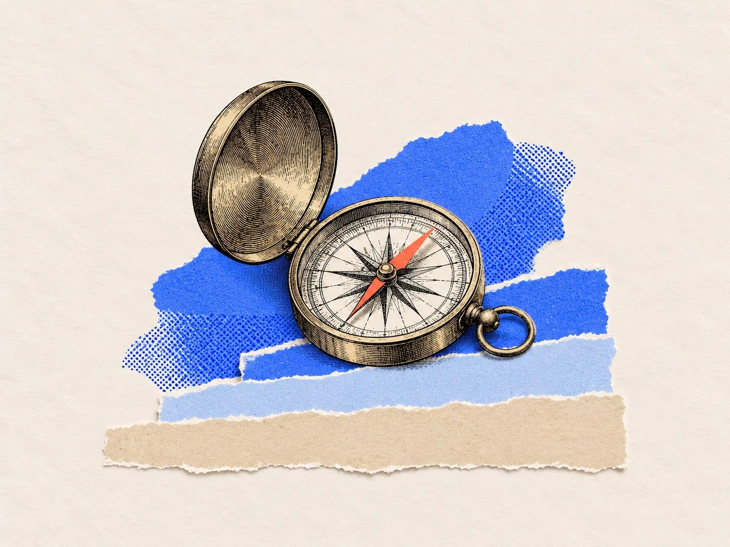 An open engraved brass compass with a coral needle