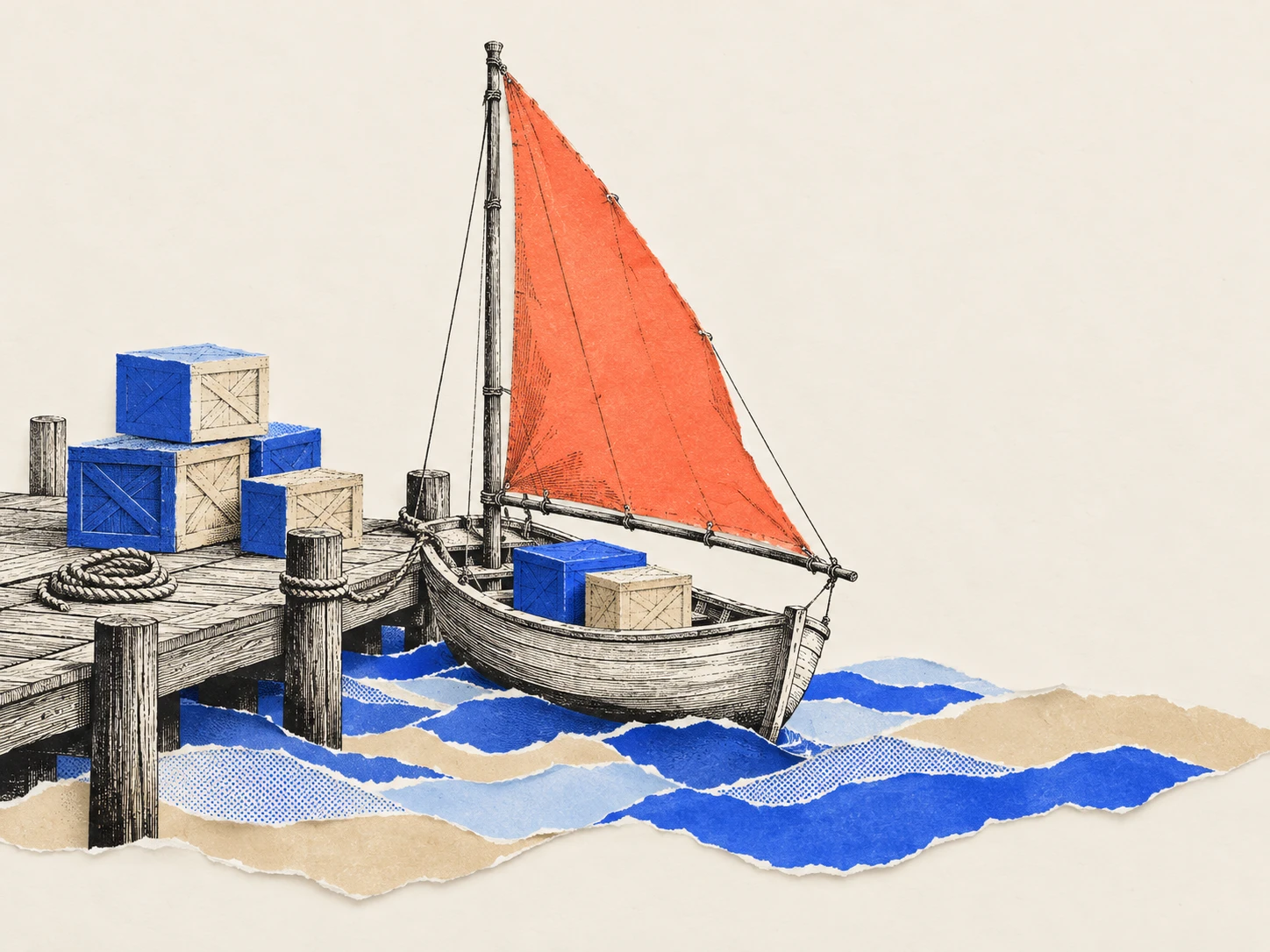 Paper crates on a dock, some loaded onto a boat with a coral sail
