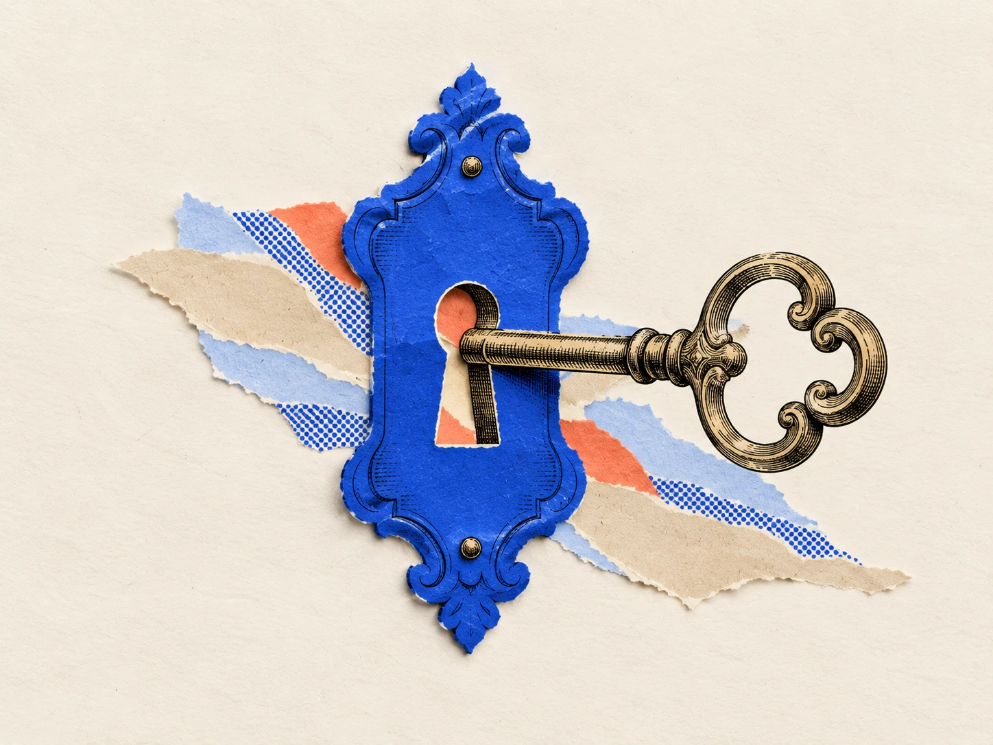 An engraved brass key turning in a cobalt paper lock plate