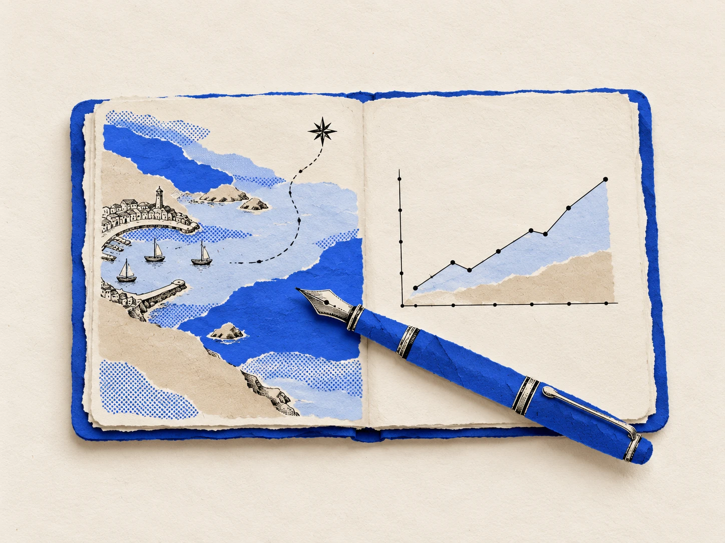 An open notebook with a sea chart and a rising line chart